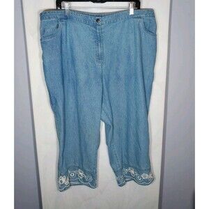 Liz & Me Women's Capri Jeans Sz 22W Denim Blue Embroidered Floral Elastic Waist